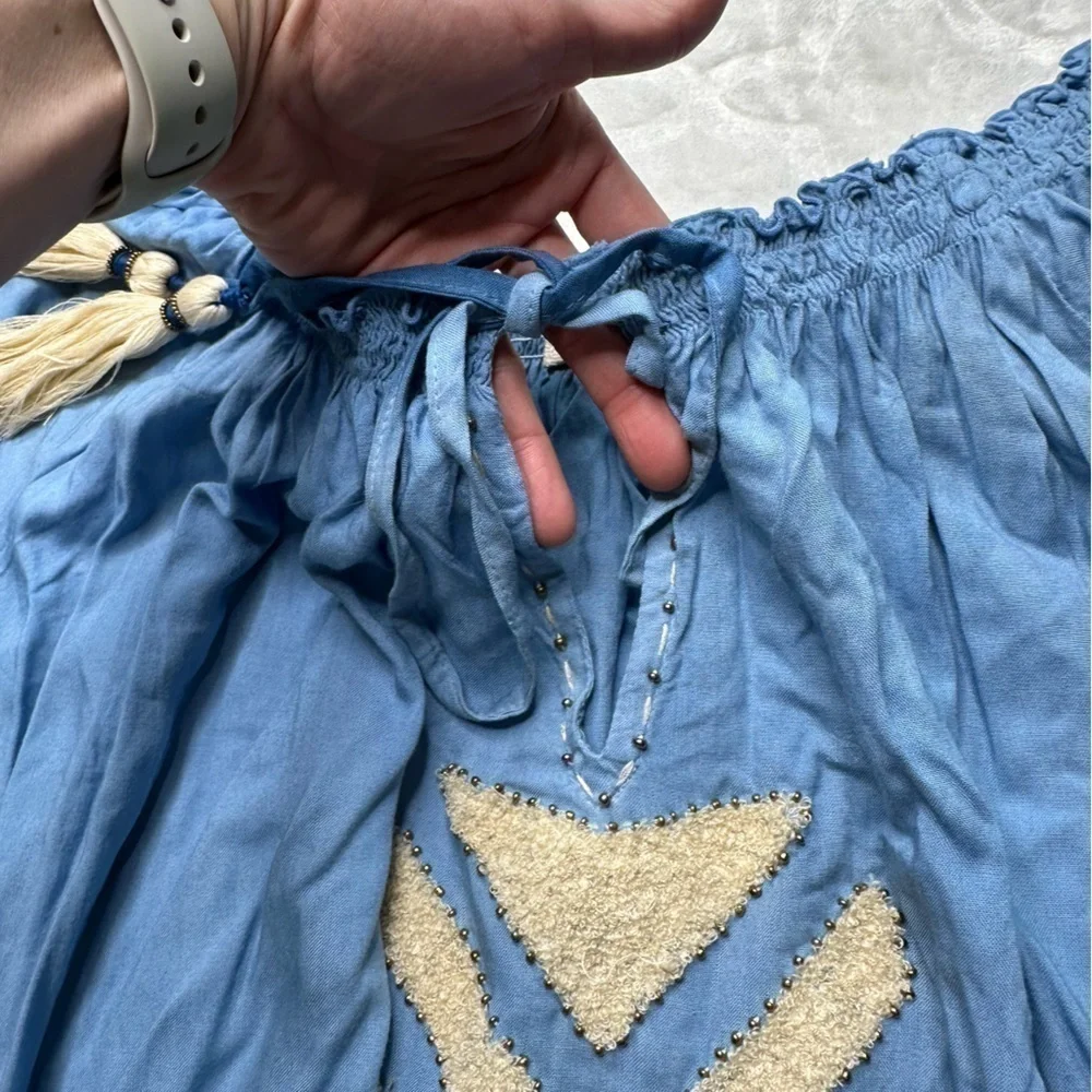 Skemo Bahama Gypsy Shirred Waist Dip Dyed Blue Mini Dress Cover-Up Womens Large